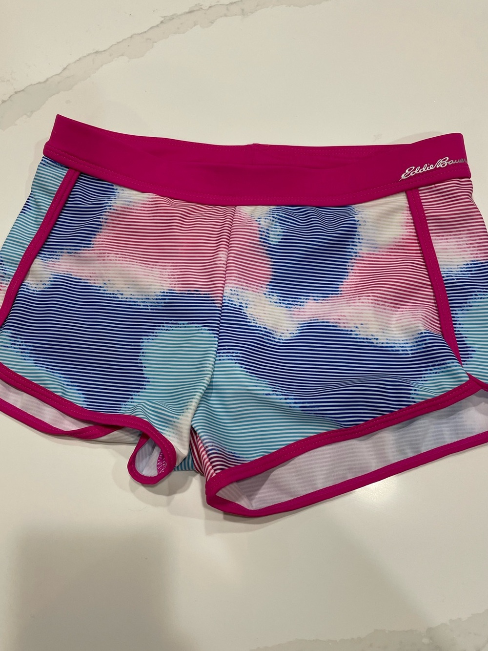 NWOT Big Girls Eddie Bauer Hot Pink Trim Striped Athletic Shorts. Size 10/12